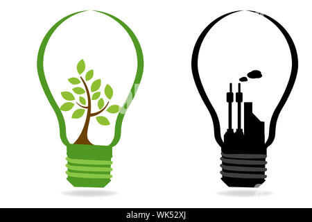 Illustrazione di confronto tra due bulbi con impianti e industria su sfondo bianco Foto Stock