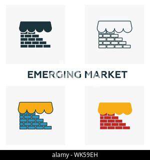 Mercato emergente icon set. Quattro elementi in diversi stili dal fintech raccolta di icone. Creative mercato emergente icone riempito, bordato e colorato Illustrazione Vettoriale