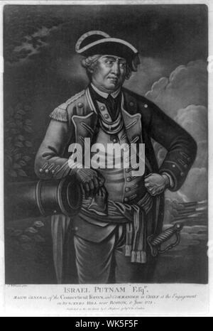 Israele Putnam, Esq'r. - Maggiore Generale del Connecticut forze e comandante in capo all'innesto sul Bunckers-Hill vicino a Boston, 17 giugno 1775 Abstract: Stampa Mostra Israele Putnam, tre quarti di lunghezza verticale, indossando uniforme militare, in piedi, rivolta leggermente a destra, con il braccio destro in appoggio sulla canna di un cannone, cannoni in background. Foto Stock