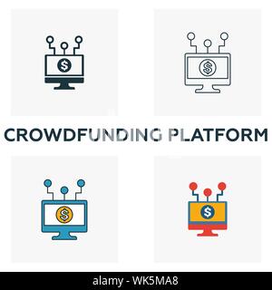 Piattaforma di Crowdfunding icon set. Quattro elementi in diversi stili dal fintech raccolta di icone. Creative piattaforma crowdfunding icone riempito, contorno Illustrazione Vettoriale