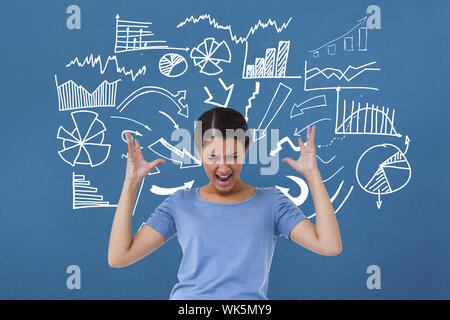 Immagine composita di infastiditi brunette gesticolando contro viola vignette Foto Stock