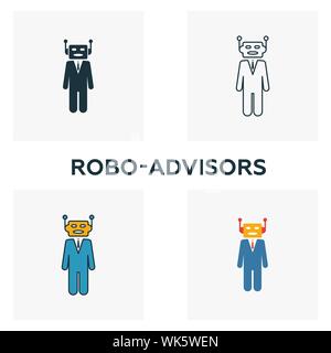 Robo-Advisors icon set. Quattro elementi in diversi stili dal fintech raccolta di icone. Creative robo-consulenti riempito di icone, contorno, colorata e piatto Illustrazione Vettoriale