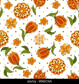 Modello senza cuciture con fiori di primavera. Coperchio, sfondo. Colori arancio e verde. Macchie Illustrazione Vettoriale
