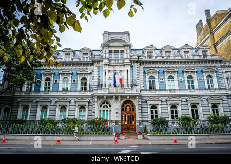 Lettonia : Riga. Edificio che ospita la sede dell' ambasciata di Francia, con la sua facciata di colore blu, costruito nel 1873 da un commerciante tedesco chiamato Giacobbe martello, lungo Boulevard Rainis Foto Stock