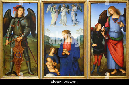 Tre pannelli da una pala dipinta da Pietro Perugino esposto alla National Gallery, Trafalgar Square, London, Regno Unito Foto Stock
