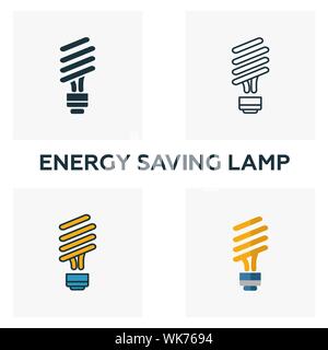 Risparmio energetico lampada icon set. Quattro elementi in diversi stili dalla potenza ed energia raccolta di icone. Creative lampada risparmio energetico icone riempito Illustrazione Vettoriale