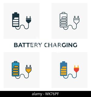 Icona della batteria in carica set. Quattro elementi in diversi stili dalla potenza ed energia raccolta di icone. Creative per la ricarica della batteria piena di icone, contorno Illustrazione Vettoriale