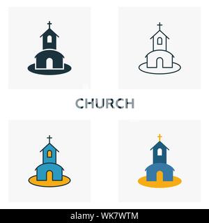Chiesa icon set. Quattro elementi in diversi stili dalla luna di miele raccolta di icone. Creative icone chiesa riempita, del contorno colorato e simboli di Piana Illustrazione Vettoriale