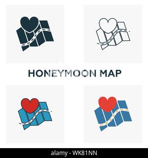 Luna di Miele Mappa icon set. Quattro elementi in diversi stili dalla luna di miele raccolta di icone. Luna di miele creativo le icone della mappa riempito, bordato e colorato Illustrazione Vettoriale