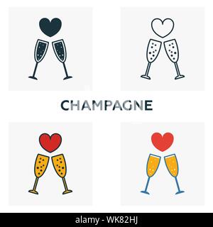 Champagne icon set. Quattro elementi in diversi stili dalla luna di miele raccolta di icone. Creative icone champagne riempito, contorno, colorata e piatto Illustrazione Vettoriale