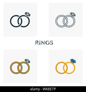 Anelli icon set. Quattro elementi in diversi stili dalla luna di miele raccolta di icone. Gli anelli di Creative icone riempito, del contorno colorato e simboli di Piana Illustrazione Vettoriale