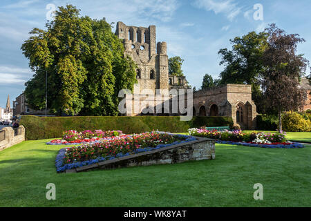 Rovine di Kelso Abbey visto dal War Memorial Gardens, a Kelso, Scottish Borders, Scotland, Regno Unito Foto Stock