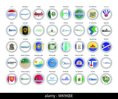 Set di icone vettoriali. Città del Canada bandiere (provincia di Ontario). Vettore. Illustrazione Vettoriale