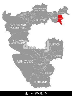 Renishaw evidenziata in rosso nella mappa di North East Derbyshire District in East Midlands England Regno Unito Foto Stock