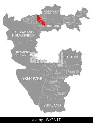 Dronfield Nord evidenziata in rosso nella mappa di North East Derbyshire District in East Midlands England Regno Unito Foto Stock
