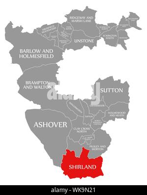 Shirland evidenziata in rosso nella mappa di North East Derbyshire District in East Midlands England Regno Unito Foto Stock