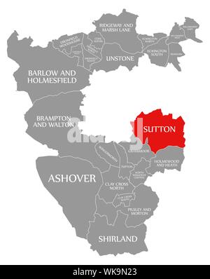 Sutton evidenziata in rosso nella mappa di North East Derbyshire District in East Midlands England Regno Unito Foto Stock