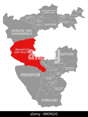 Brampton e Walton evidenziata in rosso nella mappa di North East Derbyshire District in East Midlands England Regno Unito Foto Stock