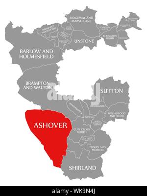 Ashover evidenziata in rosso nella mappa di North East Derbyshire District in East Midlands England Regno Unito Foto Stock