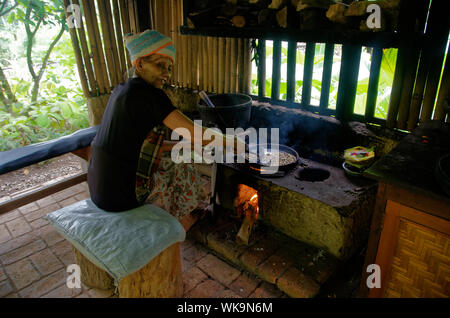 La donna indonesiana matura che dimostra la preparazione di caffè poo gatto vicino a Ubus, Bali, Indonesia Foto Stock