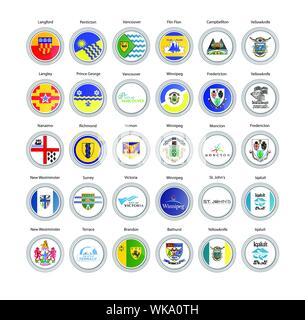 Set di icone vettoriali. Città del Canada di bandiere e stemma. Vettore. Illustrazione Vettoriale