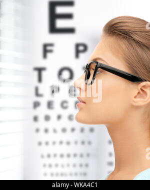 Medicina e vision concept - donna in occhiali con grafico oculare Foto Stock