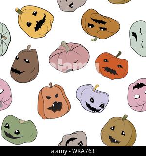 Funny Halloween seamless pattern con zucche caratteri. Diversi caratteri, colori, forme, e di emozioni. Illustrazione Vettoriale Illustrazione Vettoriale