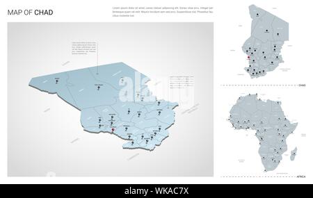 Set di vettore del Ciad paese. Vista isometrica mappa in 3d, Ciad, mappa Africa mappa - con regione, stato nomi e nomi di città. Illustrazione Vettoriale