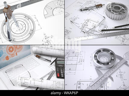 Raccolta di immagini su argomenti di ingegneria. Disegni e strumenti di ingegnere Foto Stock