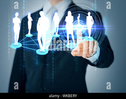 Business e concetto sociale - close up man mano rivolto al sociale o rete aziendale Foto Stock