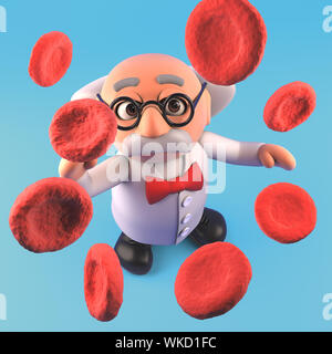 3D fumetto mad professor scienziato guardando a grandi cellule del sangue, 3D render illustrazione Foto Stock