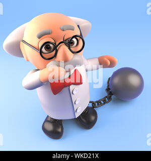 3D fumetto mad professor scienziato personaggio che indossa una sfera e catena, 3D render illustrazione Foto Stock