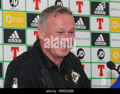 Windsor Park di Belfast, settentrionale, Irlanda. 04 Sep, 2019. Irlanda del Nord manager Michael O'Neill a oggi la conferenza stampa a Belfast. Irlanda del Nord gioca il Lussemburgo a Windsor Park domani sera in un amichevole internazionale. Il Lunedì si gioca la Germania in un importante UEFA EURO 2020 partita di qualificazione. Credito: David Hunter/Alamy Live News Foto Stock