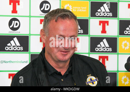 Windsor Park di Belfast, settentrionale, Irlanda. 04 Sep, 2019. Irlanda del Nord manager Michael O'Neill a oggi la conferenza stampa a Belfast. Irlanda del Nord gioca il Lussemburgo a Windsor Park domani sera in un amichevole internazionale. Il Lunedì si gioca la Germania in un importante UEFA EURO 2020 partita di qualificazione. Credito: David Hunter/Alamy Live News Foto Stock