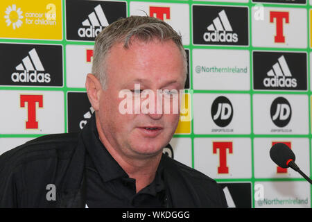 Windsor Park di Belfast, settentrionale, Irlanda. 04 Sep, 2019. Irlanda del Nord manager Michael O'Neill a oggi la conferenza stampa a Belfast. Irlanda del Nord gioca il Lussemburgo a Windsor Park domani sera in un amichevole internazionale. Il Lunedì si gioca la Germania in un importante UEFA EURO 2020 partita di qualificazione. Credito: David Hunter/Alamy Live News Foto Stock