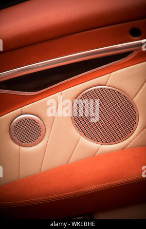 Immagine ravvicinata di alcuni altoparlanti all'interno di un moderno auto di lusso. Foto Stock