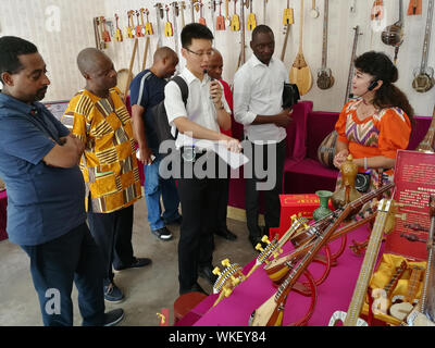 (190904) -- URUMQI, Sett. 4, 2019 (Xinhua) -- i membri dell'ONU inviati visita della delegazione un villaggio conosciuto per strumenti etnici rendendo Shufu nella contea di Kashgar, a nord-ovest della Cina di Xinjiang Uygur Regione autonoma, 31 Agosto, 2019. Una delegazione di inviati speciali dell'ONU provenienti da otto paesi ha visitato a nord-ovest della Cina di Xinjiang Uygur Regione autonoma per ottenere una comprensione migliore della regione i traguardi raggiunti da de-radicalizzazione allo sradicamento della povertà. Il tour di cinque giorni li ha portati alla capitale regionale Urumqi e Hotan e Kashgar nel sud del Xinjiang, dove hanno visitato le fabbriche, bazar, commun Foto Stock