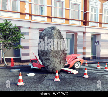 Meteorite caduto su di un'auto parcheggiata. 3d concept Foto Stock