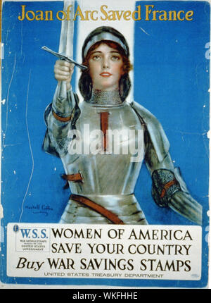 Giovanna d Arco salvato Francia--Le donne d'America, salvare il vostro paese--Buy guerra francobolli risparmio Abstract: Poster raffigurante Giovanna d Arco solleva una spada. Foto Stock