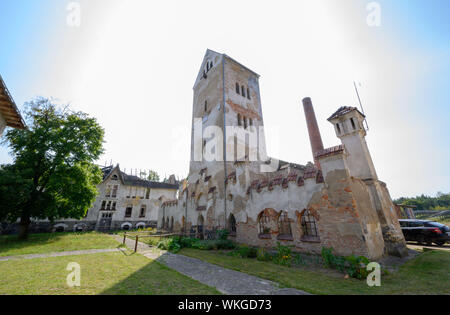 Neustrelitz, Germania. 25 Ago, 2019. Da decenni gli edifici vuoti dell'ex Landesirrenanstalt sul Domjüch. La zona remota all'Domjüchsee era fino al 1945 un regionale manicomio con otto edifici, poi una caserma russa, è stato vuoto dal 1993 e oggi è mantenuta dall'associazione per la salvaguardia del Domjüch e utilizzato per vari eventi. Credito: Jens Büttner/dpa-Zentralbild/ZB/dpa/Alamy Live News Foto Stock