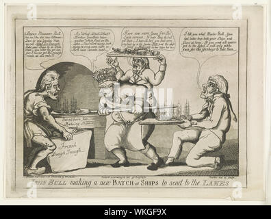 John Bull la realizzazione di un nuovo lotto di navi per inviare ai laghi Abstract: una satira del British sforzi per recuperare dopo grandi perdite navali sui Grandi Laghi nel 1813 e 1814. Secondo Lanmon, è basato su Thomas Rowlandson's 1798 satira alta per il divertimento di John Bull o i repubblicani hanno messo al loro ultimo turno. Al centro, il re George III alimenta un vassoio di piccole navi in un forno, come altri due uomini in stand by con vassoi aggiuntivi di navi e cannon. Un francese sta a sinistra, tenendo un trogolo di pasta francese. King George: Ay! Cosa . . . Fratello Jonathan prese un altro tutta la flotta sulla Foto Stock