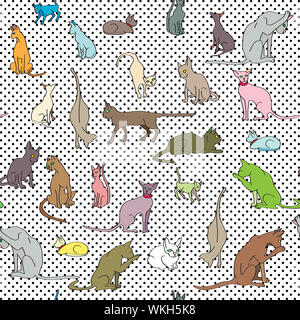 Gatti seamless pattern con arte pop punti disegnati a mano doodle illustrazione di una serie di divertenti animali Foto Stock