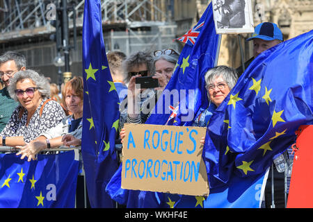 Westminster, Londra, Regno Unito. 04 Sep 2019. Pro- e Anti-Brexit manifestanti ancora una volta rally intorno alla casa del parlamento con cartelli, bandiere e forte canti. Credito: Imageplotter/Alamy Live News Foto Stock