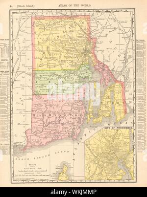 La Rhode Island mappa di stato che mostra le contee. La provvidenza inset. RAND MCNALLY 1906 Foto Stock