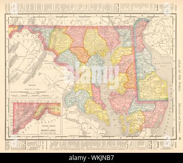 Il Maryland e Delaware Stato mappa che mostra le contee. RAND MCNALLY 1906 vecchio Foto Stock