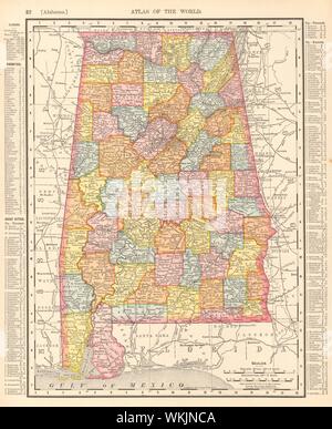 Lo stato dell'Alabama mappa che mostra le contee. RAND MCNALLY 1906 antica grafico Foto Stock