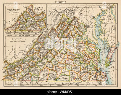 Mappa di Virginia, 1870s. Litografia a colori Foto Stock