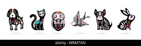 Il giorno dei morti, Dia de los moertos, animali teschi e lo scheletro decorata con colorate elementi messicano e fiori. Fiesta, Halloween, vacanze Illustrazione Vettoriale