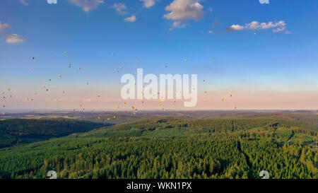 Colorate mongolfiere in forme diverse di volare al di sopra della foresta. Si tratta di una foresta di conifere nel Sauerland. Il sole è quasi impostazione, il cielo è b Foto Stock