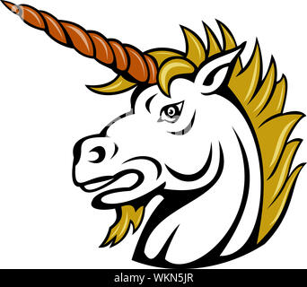Illustrazione di un arrabbiato cartoon unicorn isolato su bianco Foto Stock